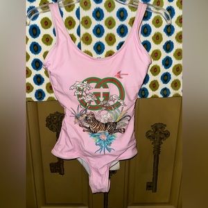 Gucci Pink One Piece Swimsuit Bodysuit With Logo
